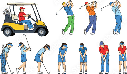 Golf players characters in different poses with golf cart and clubs cad drawing flat vector illustration