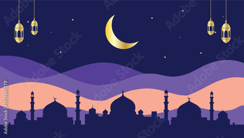 A stylized night scene featuring a golden crescent moon, stars, and hanging lanterns above a silhouette of a mosque with domes and minarets, set against a wavy purple and orange sky.