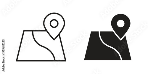 Map icons vector glyph and thin line. Black icons