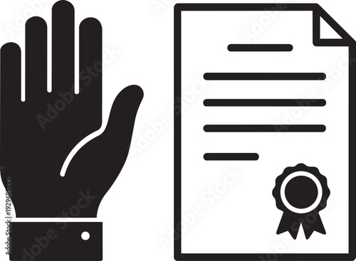 Illustration of a raised hand next to a document with a seal, representing an oath, testimony, or official certification and commitment.