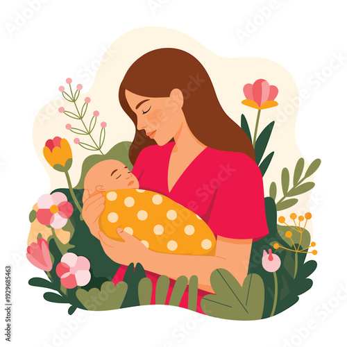 A caring mother lovingly holds her swaddled newborn baby in a vibrant, flourishing garden scene