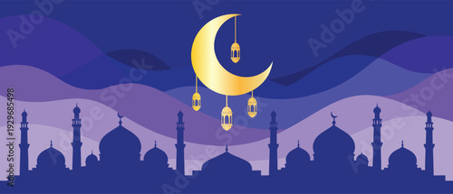 Golden crescent moon and hanging lanterns over a mosque silhouette against a wavy blue and purple night sky, symbolizing Islamic celebration.