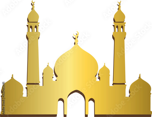 A stylized golden mosque with domes and tall minarets on a black background, featuring subtle brown shading for a decorative Islamic design.