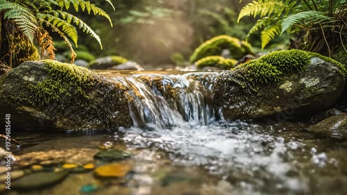 Serene Forest Stream Waterfall Mossy Rocks Lush Green Ferns Sunlight Rays.
