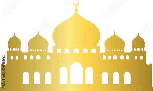 A golden silhouette of a grand mosque with multiple domes and arches against , forming a bold Islamic architectural design.