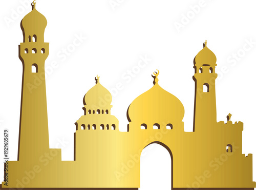 A stylized golden mosque with domes and tall minarets on a black background, featuring subtle brown shading for a decorative Islamic architectural skyline.
