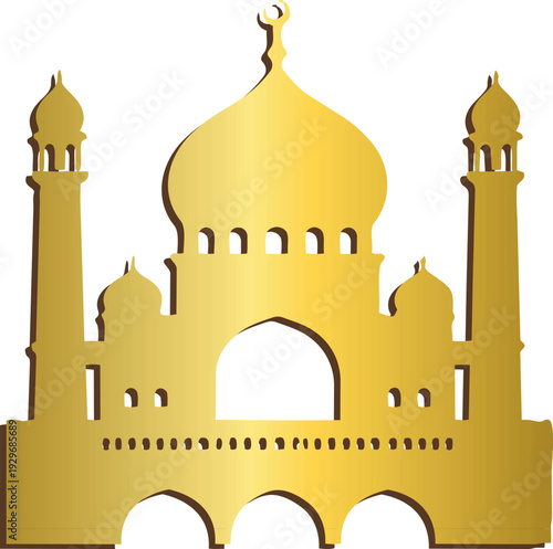 A stylized golden mosque with a large central dome, crescent finial, and twin minarets is depicted against in a bold Islamic silhouette design.