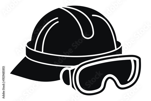 PPE protective gear eye protection Black and white silhouette of a hard hat with attached safety goggles isolated on white