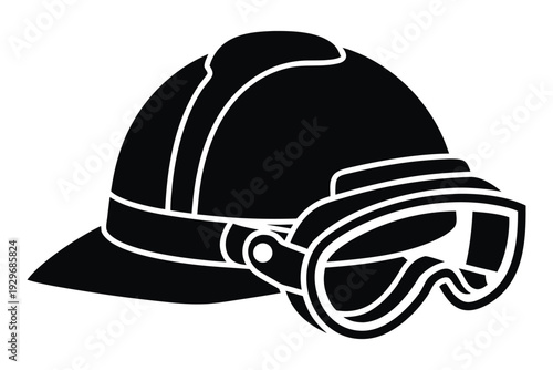 PPE protective gear eye protection Black and white silhouette of a hard hat with attached protective goggles