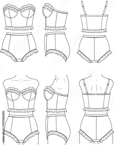 Women ruffle bikini lingerie set technical sketch flat vector illustration cad drawing mockup front back side