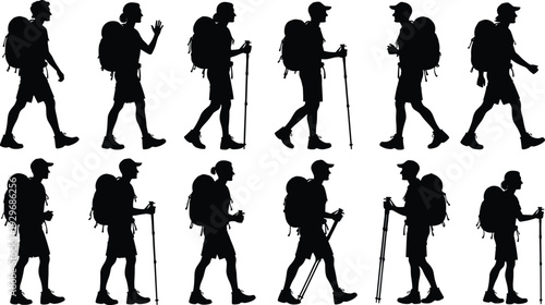Hiker silhouette set with backpack and trekking poles, outdoor adventure walking people vector collection for travel, camping and hiking concept