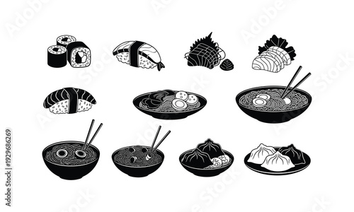 Black and white illustration of various japanese foods and dishes