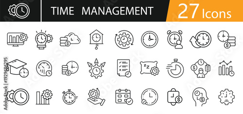 Time Management Outline Icons Set – Scheduling, Tasks, Planner, Calendar, Deadlines and Productivity Line Vector Collection