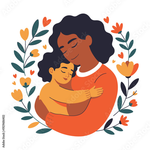 A happy dark skinned mother hugs her child surrounded by vibrant flowers and hearts