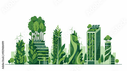 Sustainable Green City with Eco Friendly Architecture and Renewable Energy Sources Like Solar Panels and Wind Turbines