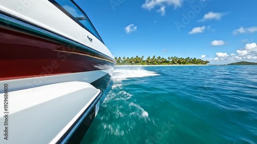 Speedboat cruising through turquoise waters towards a tropical island paradise.