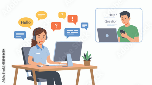 Customer Service Representative with a Headset Offering Online Support and Digital Assistance to a Client Needing Help with Questions