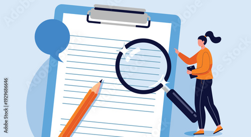 Woman with a ponytail stands next to a giant blue clipboard with a pencil and magnifying glass, appearing to review a list or document.