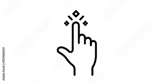 Simple black line icon of a human hand with the index finger pointing upwards and small sparkles, representing a click or select gesture.