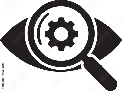 Eye with Magnifying Glass and Gear Icon for Observation, System Optimization, Performance Analysis, and Settings Configuration