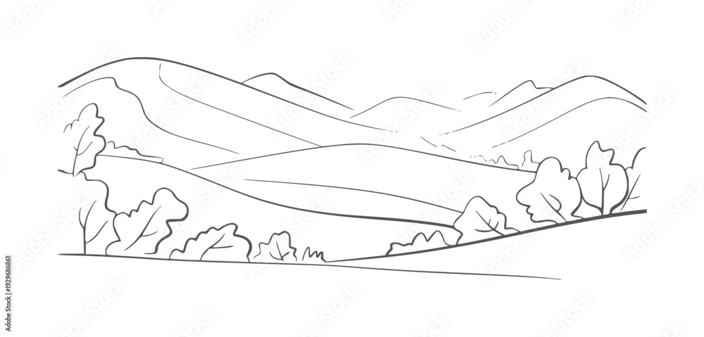 Fototapeta premium Minimalist of rolling hills and trees in black and white landscape nature