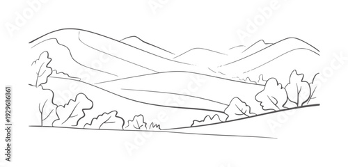 Minimalist of rolling hills and trees in black and white landscape nature