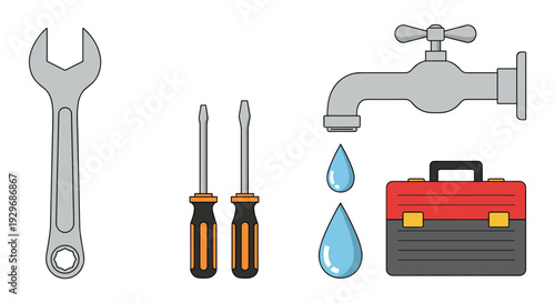 Plumbing repair tools including wrench screwdrivers dripping water faucet and toolbox for home maintenance services.