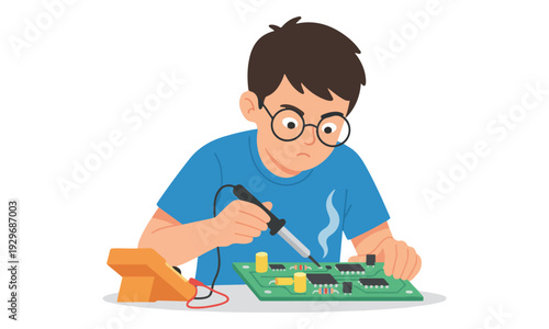 Young boy soldering electronic circuit board with a soldering iron