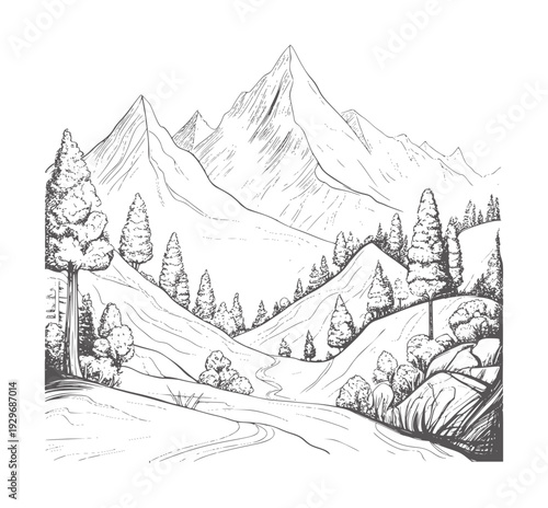 Pen and ink of a winding mountain path through evergreen trees and rocky slopes landscape