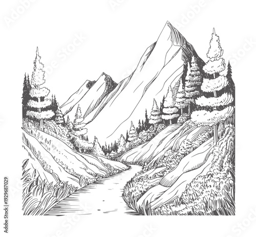 Pen and ink of a winding river flowing through a mountainous valley with pine trees