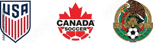 Shield, maple leaf, and eagle crests on a plain white background