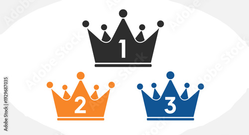 Illustration of three winner crowns in black, orange, and blue colors representing first, second, and third place rankings.