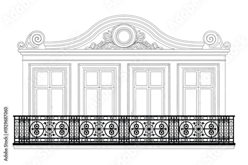 Drawing of a balcony, with two windows featuring detailed architectural design, elegant facade elements, and decorative exterior style, ideal for residential, and creative vector illustration