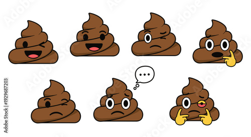 Collection of humorous brown poop emojis featuring a wide range of facial expressions and personalities for digital use.