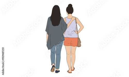 Female friends walking together, arm around shoulder, back view