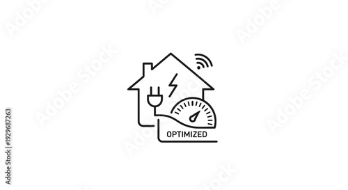 Optimized Smart Home Energy Management House with WiFi and Plug Outline Icon on Isolated White Background