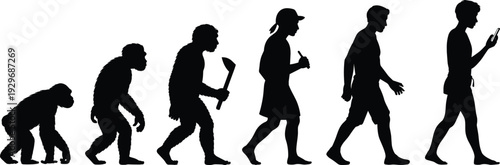 Human evolution silhouettes from ape to modern man using smartphone illustrating progress, technology and development isolated on white background
