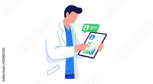 Medical Professional Analyzing Digital Patient Data on Tablet. Healthcare Technology, Telemedicine, and Online Health Records Management Concept Illustration.