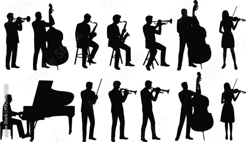 Jazz band and classical orchestra musician silhouettes playing piano, trumpet, saxophone, double bass and violin isolated on white background