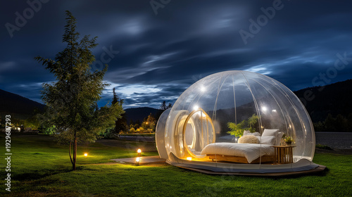 Transparent bubble tent at glamping night, clear accommodation structure, see-through lodging visualization, nocturnal outdoor experience, with copy space