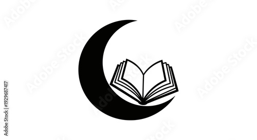 Open Quran Book on Outline Crescent Moon Icon on Isolated White Background