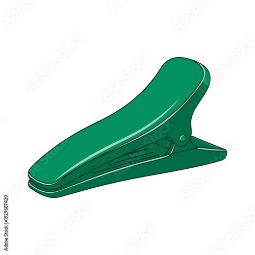 Green clothes peg clip secures fabric on a clean white background