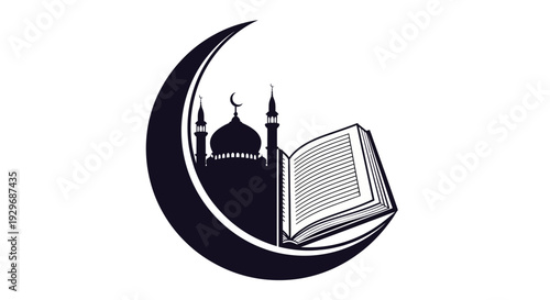 Open Quran Book on Solid Black Crescent Moon Icon on Isolated White Background