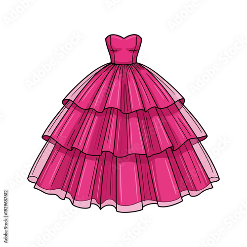 Pink strapless tiered ball gown dress with tulle layers on white background