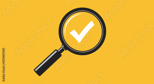 Black magnifying glass focusing on a white check mark over a solid yellow background symbolizing successful search results.