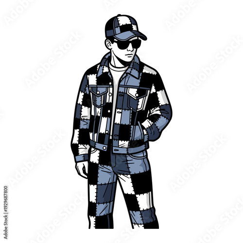 Young man wearing black and white checkered jacket and cap