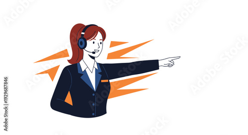 Professional woman wearing a headset and suit points towards the right while providing customer support or guidance.