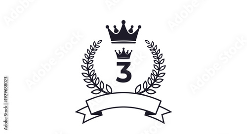 Black and white third place award icon featuring a number three with crowns, a laurel wreath, and a blank ribbon banner.