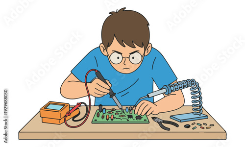 Young Man Soldering Electronic Circuit Board with Tools