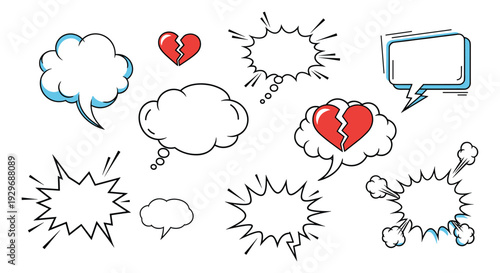 Assorted collection of comic style speech bubbles, thought clouds, and broken heart icons in blue, white, and red colors.